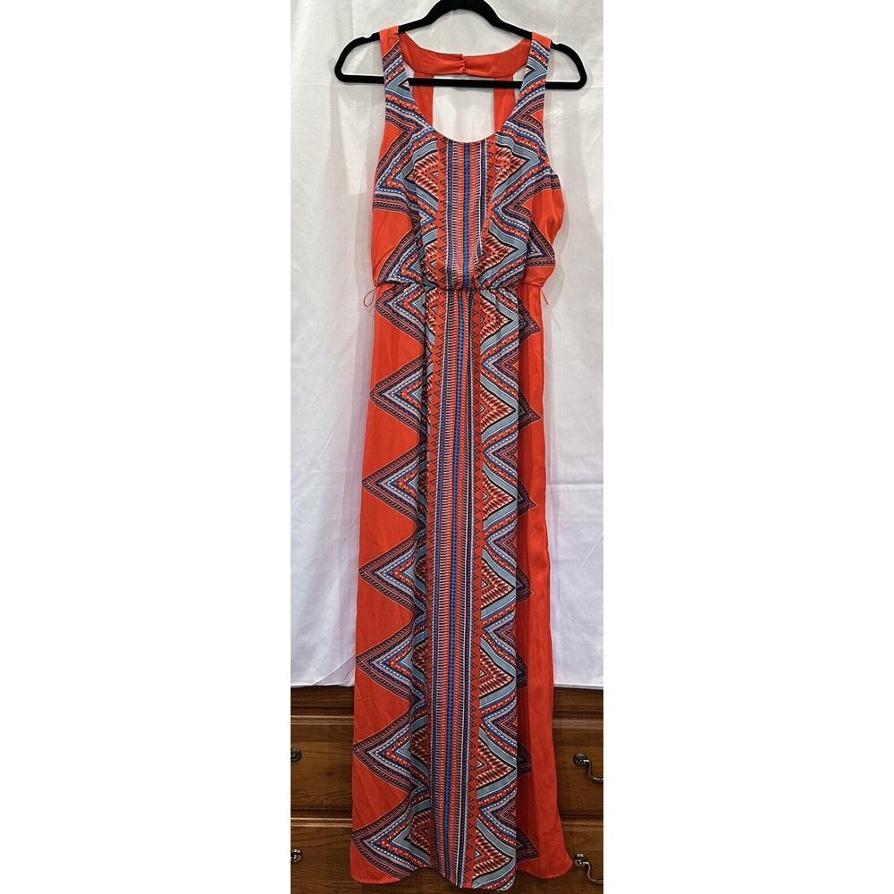Luxology Tropical Belted Maxi Dress V Neck Women Size M Red Bohemian - Picture 2 of 16